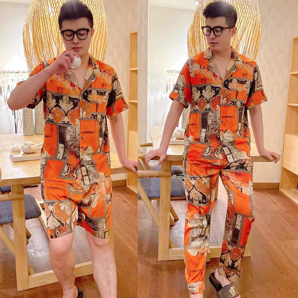 大码男士橘色印花冰丝睡衣套装夏季轻薄丝滑高品质可外穿家居服潮