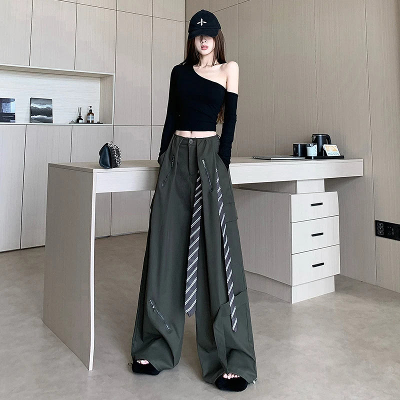 辣妹美式复古小众抽绳阔腿工装裤女秋新款时尚宽松显瘦拖地休闲裤