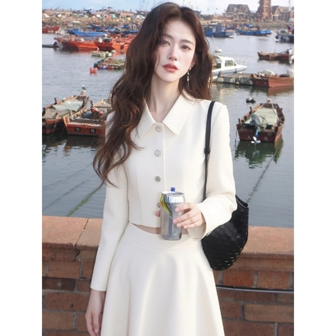 秋季新款温柔富家千金感穿搭名媛气质女小香风上衣白色连衣裙套装