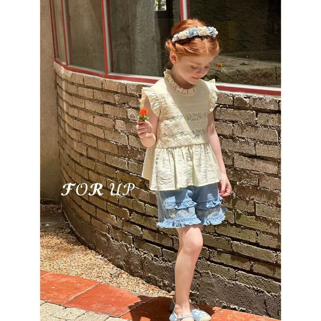 【现货】252-FU-85128牛仔蓝法式塔莉宫廷刺绣牛仔短裤