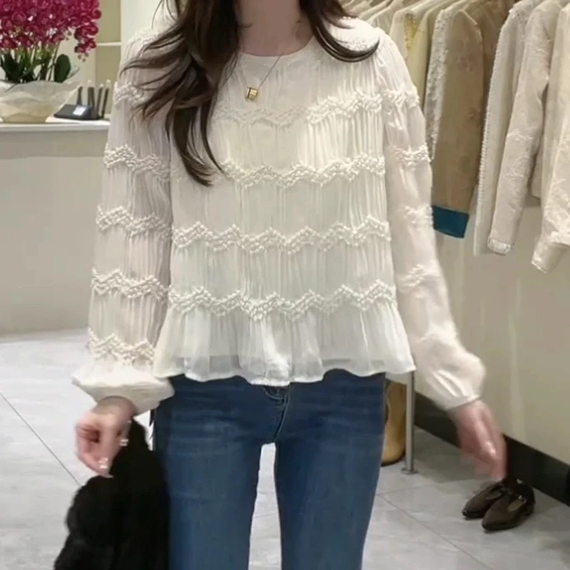 2025春季韩版褶皱纹理长袖小衫气质显瘦时尚衬衫女