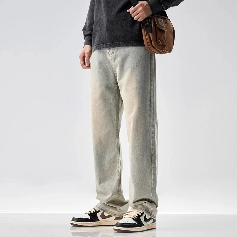 XOQ官方牛仔裤男夏季薄款水洗裤黄泥染怀旧阔腿长裤潮牌宽松直筒