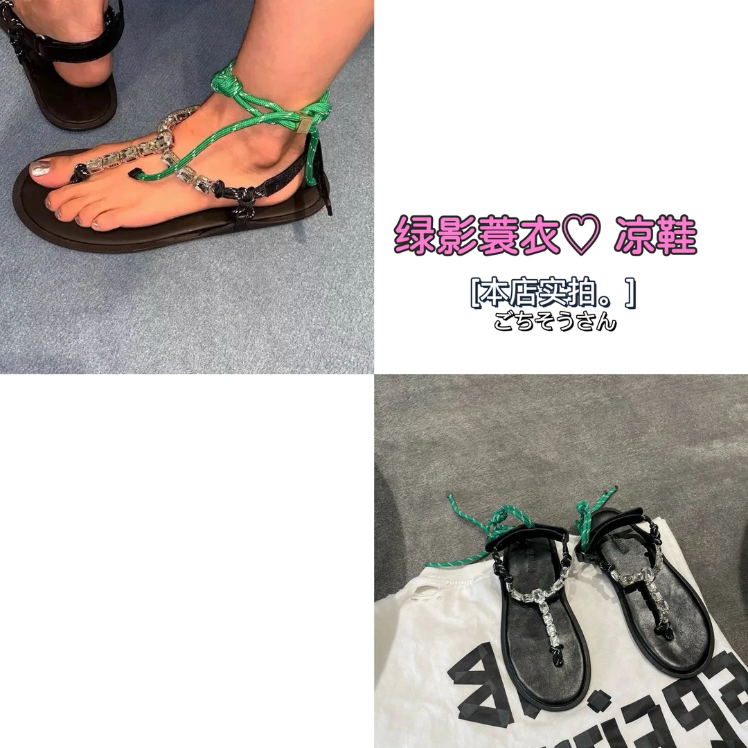 绿影蓑衣。～圆头罗马风 设计感夹趾度假女凉鞋水钻人字拖沙滩单鞋