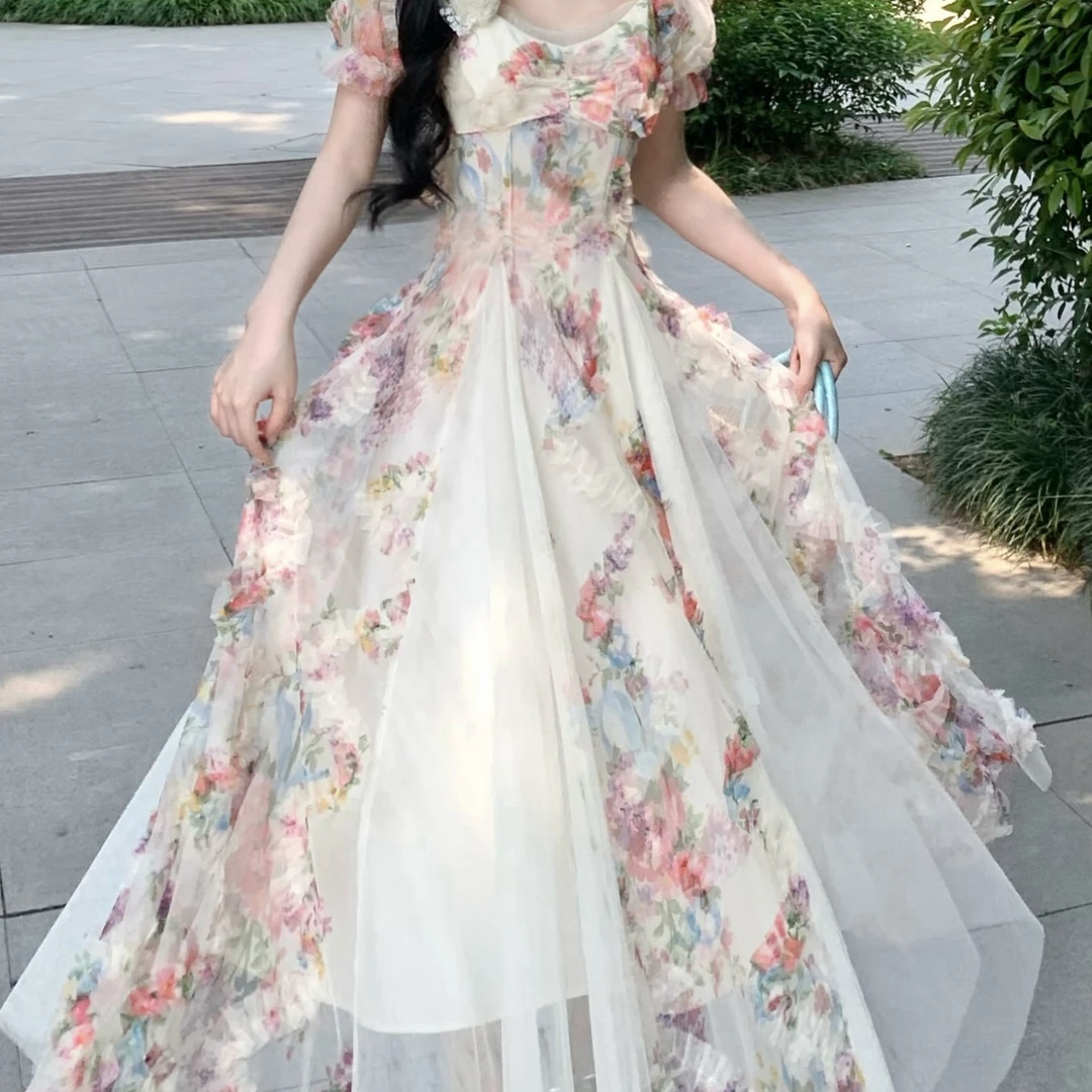 大码女装胖MM法式浪漫复古重工立体花朵网纱拼接连衣裙女夏季新品