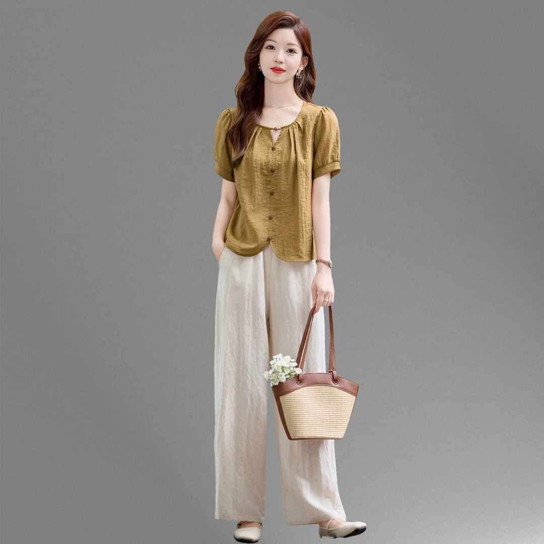 夏季时尚薄套装女2025新款宽松大码短袖衬衫上衣休闲阔腿裤两件套