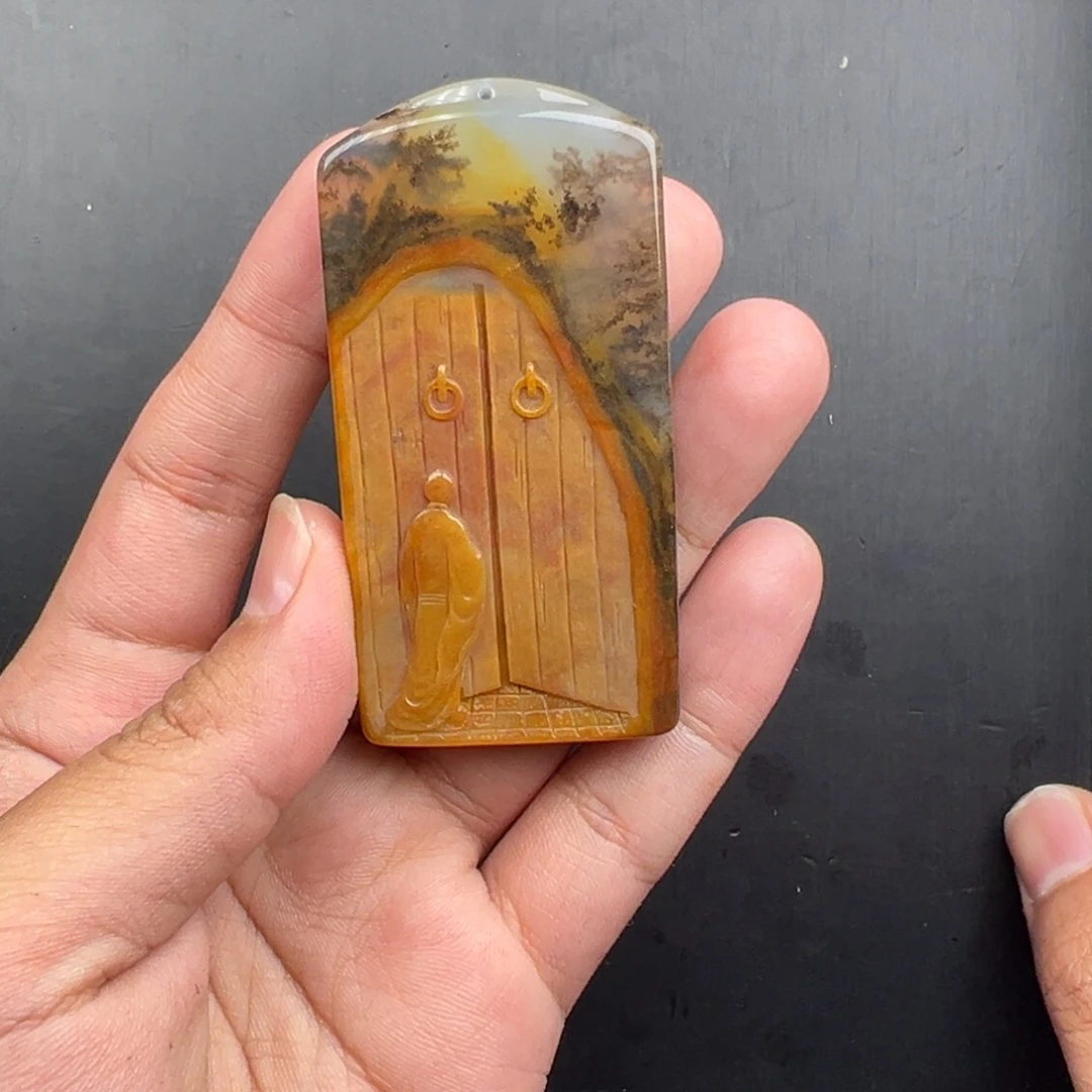 石英质玉（黄龙玉）未镶嵌禅房花木深挂件