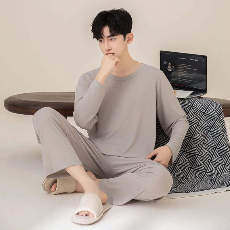 春夏长袖睡衣男士薄款冰丝大码休闲男款弹力春秋季螺纹凉感家居服