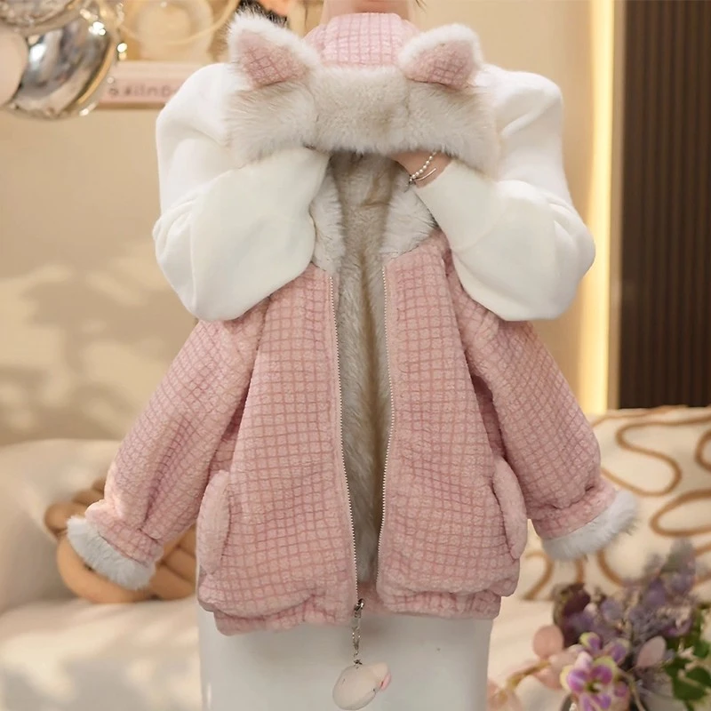 女童加绒外套秋冬装2025新款儿童格子棉衣韩版中大童连帽棉服洋气