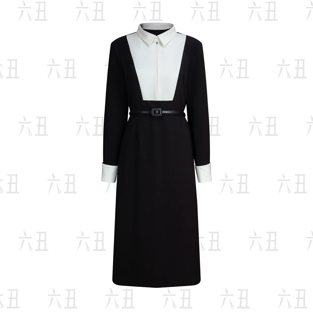 【六丑】新款气质感收腰赫本风黑白领拼接撞色连衣裙408LYQ0582