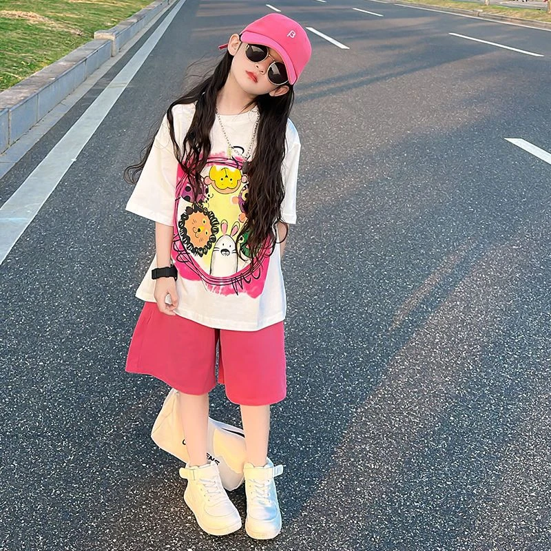 女童夏季短袖套装2025新款女大童夏装时髦t恤儿童洋气运动两件套