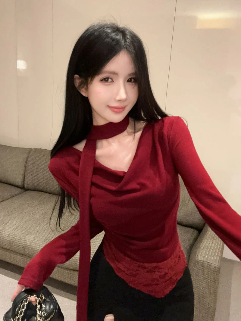 不规则红色荡领长袖T恤蕾丝拼接修身内搭辣妹打底上衣