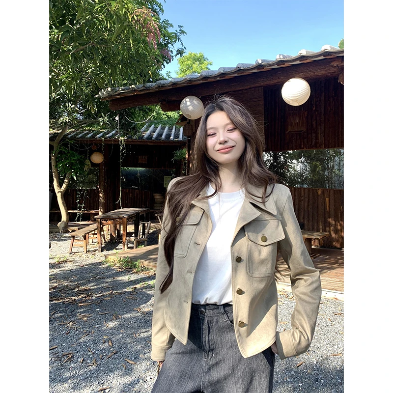 街头复古仿鹿皮绒长袖外套女秋季2025新款短款气质高级感夹克上衣