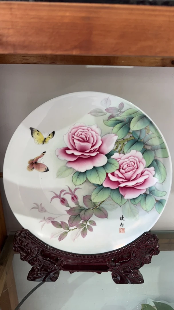 景德镇手绘牡丹图瓷盘赏盘