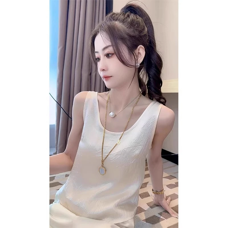 醋酸褶皱缎面吊带背心女夏季洋气减龄新中式国风无袖外穿薄款上衣