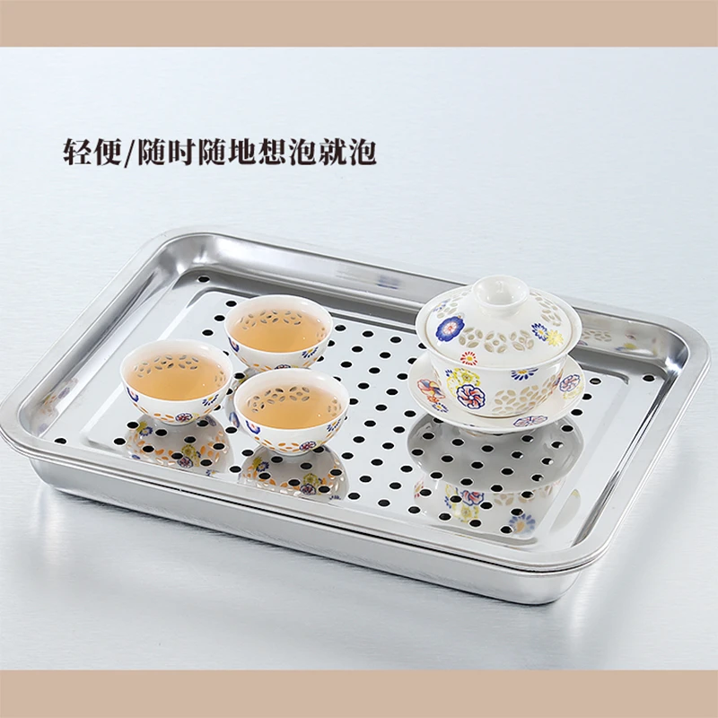 加厚不锈钢茶盘不锈钢盘子家用长方形托盘漏盘方盘茶具双层沥水盘