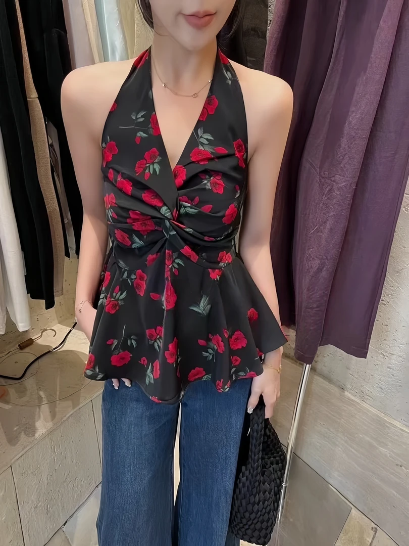 碎花褶皱扭结挂脖吊带背心女2025夏季新款露背荷叶边裙摆修身上衣