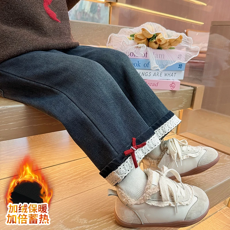 女童加绒阔腿牛仔裤加厚一体绒儿童休闲裤子小女孩宝宝秋冬装新款