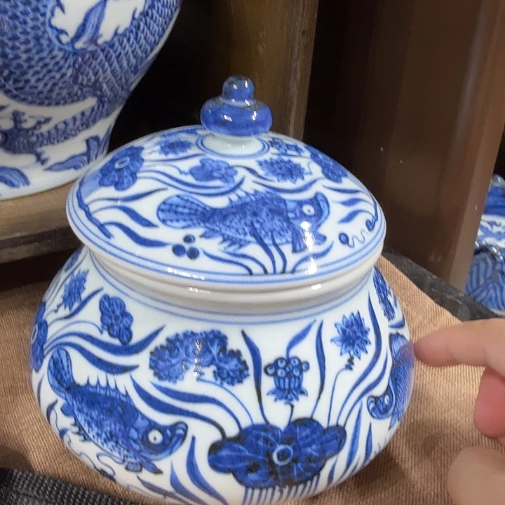 摆件宇泽堂鱼藻纹小茶叶罐