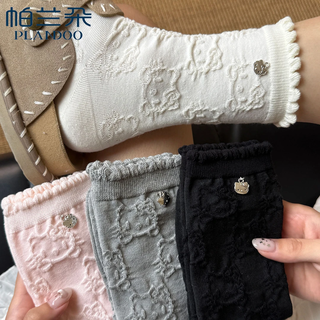 袜子女花边堆堆袜Hello Kitty卡通Kitty吊坠棉袜可爱春秋季中筒袜