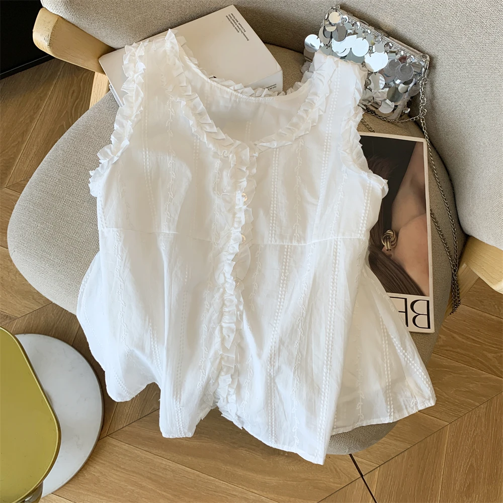 夏季新款洋气法式甜美重工刺绣木耳边白色衬衫无袖娃娃衫显瘦上衣