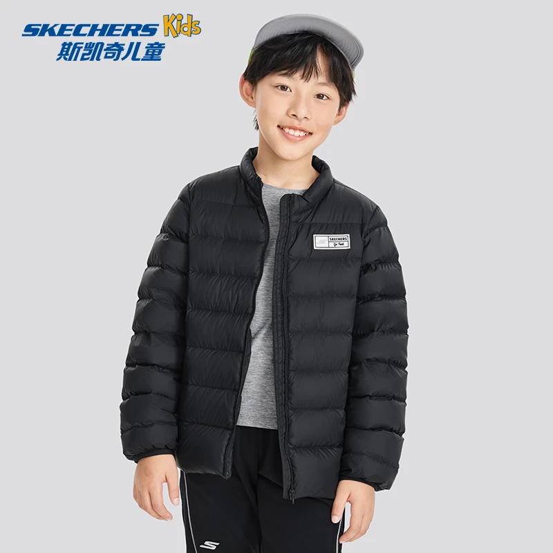 斯凯奇儿童三防冬季羽绒服连帽男女童纯色中长款羽绒外套P424K057