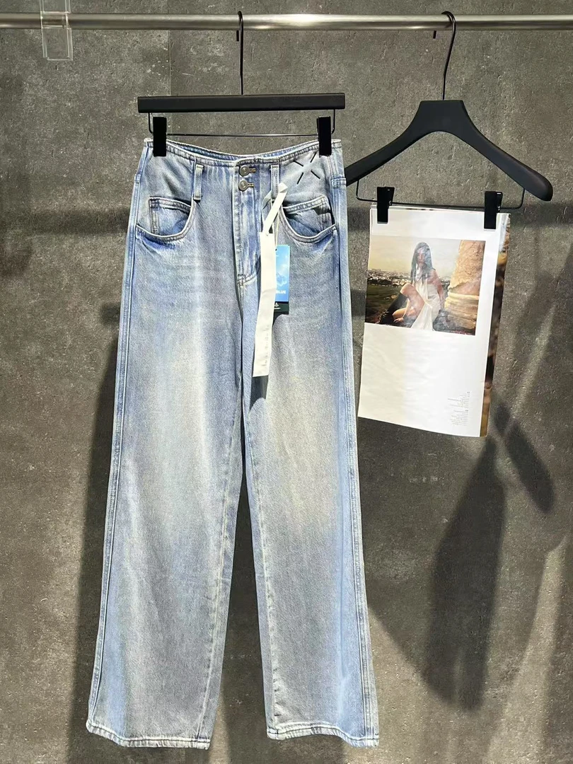 【ANN.G】断码特A7设计师莱塞尔重工洗水刺绣直筒阔腿显瘦牛仔裤