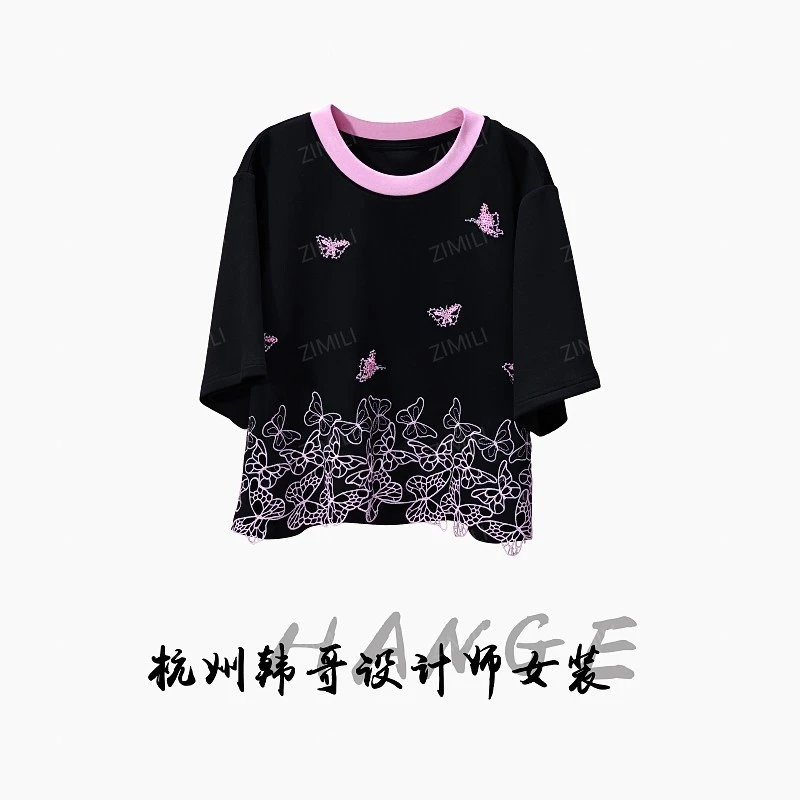【韩哥女装】2025欧版《缀裳》暗夜黑重工蝴蝶刺绣气质短袖8866-B8