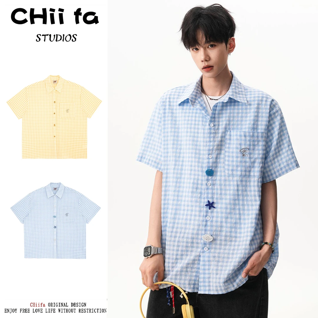 CHiifa 两件装/单件美式街头纽扣短袖衬衫男女夏季多巴胺休闲衬衣
