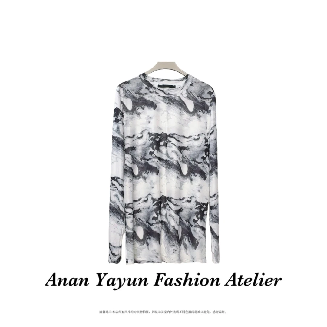 复古文艺水墨画印花网纱长袖圆领正肩T恤上衣
