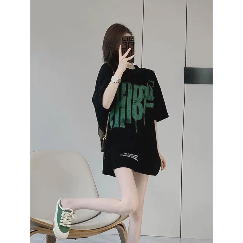 欧货大版黑色短袖T恤恤女夏2025新款宽松oversize下衣失踪上衣
