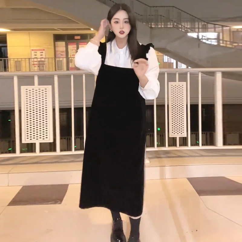 时尚衬衫连衣裙胖MM大码显瘦遮肉减龄2025新款洋气百搭两件套装