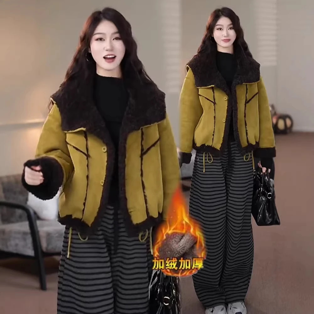 撞色拼接两面穿毛毛短外套女冬季高级感宽松加厚保暖派克棉服上衣