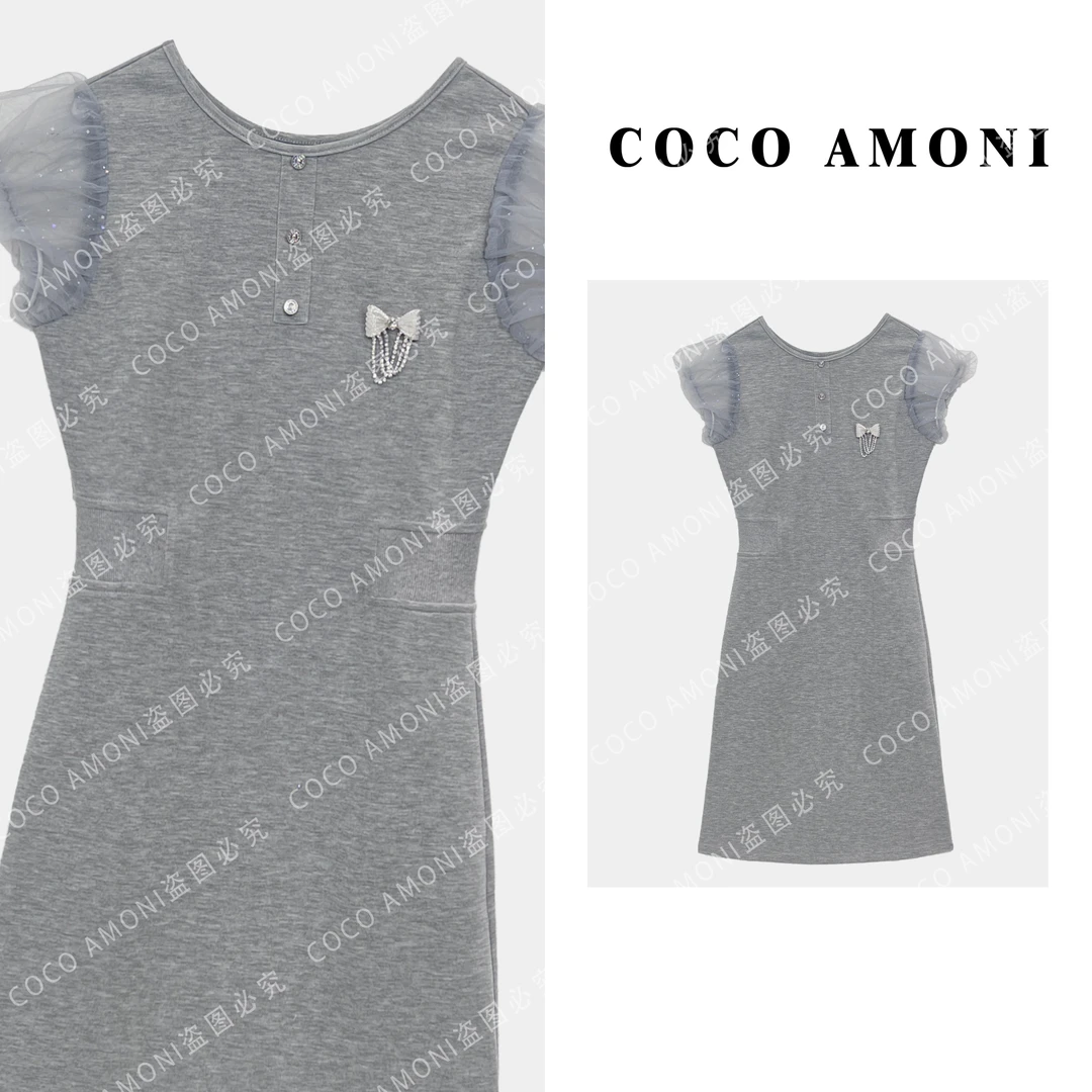 时尚设计师新款夏季女装拼接烫钻蝴蝶结收腰显瘦连衣裙ZC130