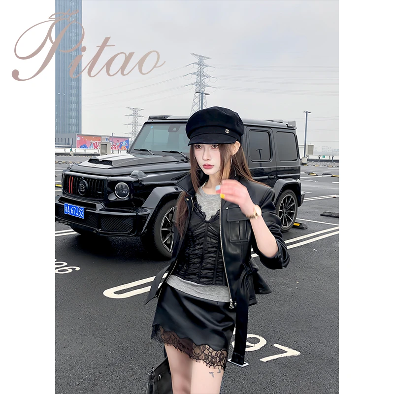 杜屁屁桃PITAO原创【首尔博主】新款设计蕾丝拼接复古针织衫＋吊带