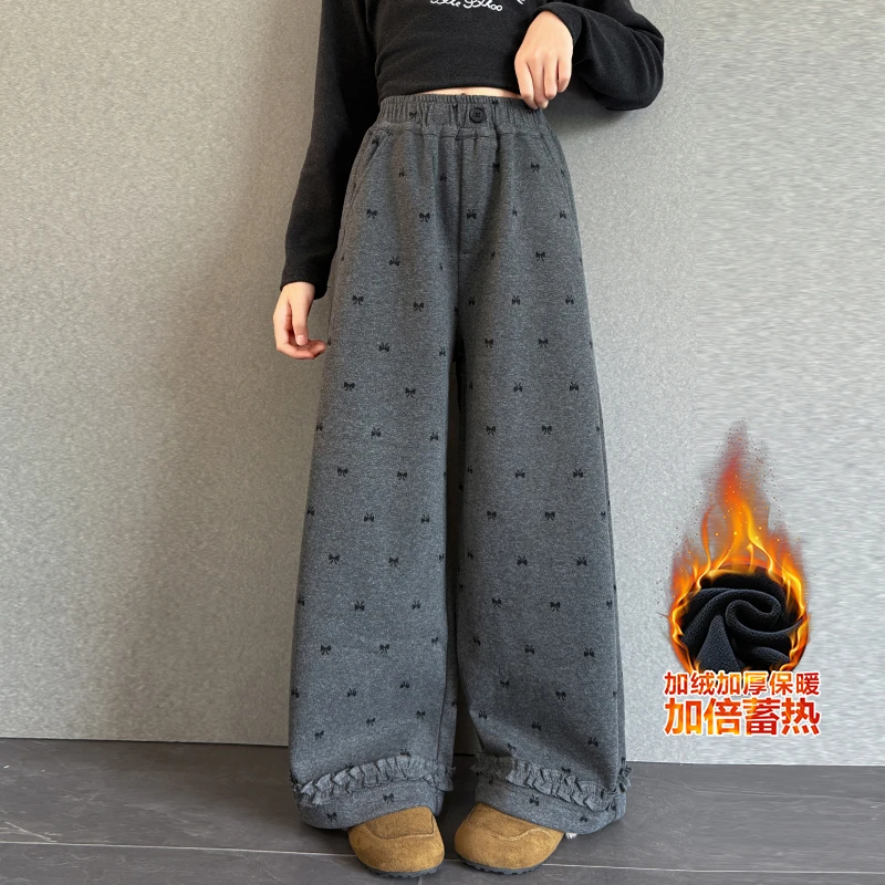 女童加绒裤子秋冬2025新款儿童宽松直筒一体绒大童冬季加厚阔腿裤