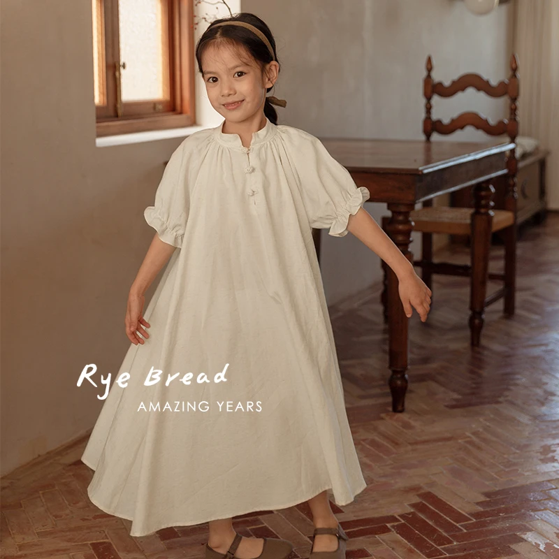 ryebread/黑面包童装 中式短袖女中大童圆领长款连衣裙4夏牛牛