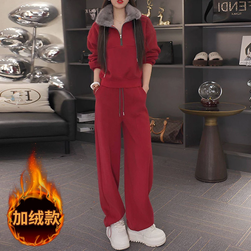 超洋气红色休闲运动套装女冬加绒加厚半拉链立领上衣阔腿裤两件套