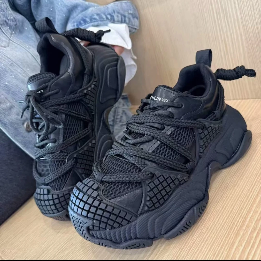 超火绑带厚底爆款老爹鞋女款2025爆款专柜正品小个子灰色厚底老爹