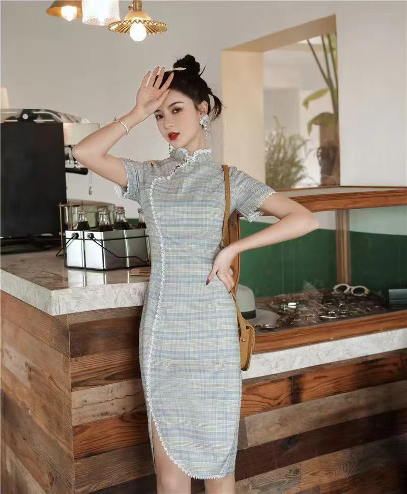【2435 设计师款 蓝色格】显瘦气质修身优雅复古中国风旗袍