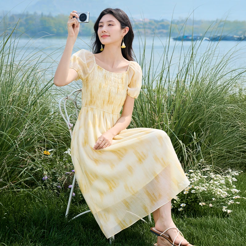 L65S034连衣裙 香影法式温柔U领连衣裙女夏季新款收腰打揽裙子