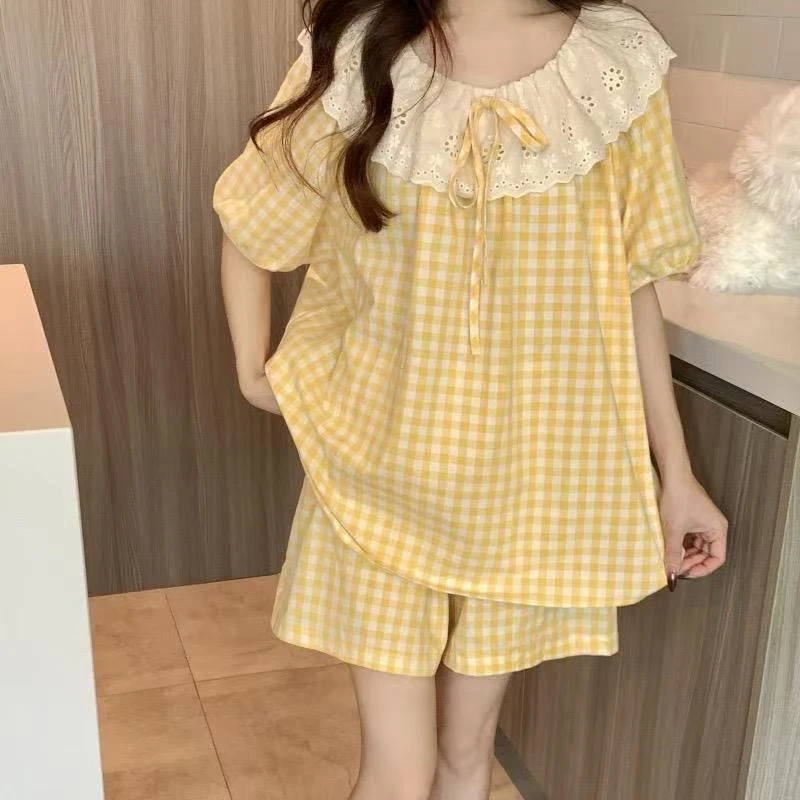 睡衣女春夏季少女甜美蕾丝花边格子短袖短裤家居服套装588