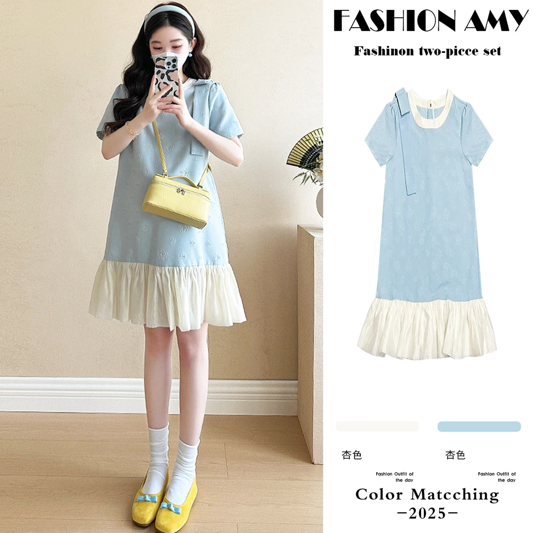 孕妇连衣裙夏季新款时尚韩版洋气小个子中长款蝴蝶结拼接显瘦裙子