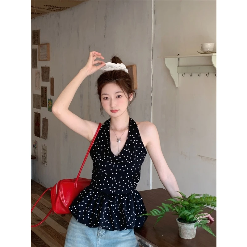 挂脖波点无袖背心女2025夏季新款韩系设计感小众挂脖上衣高级感