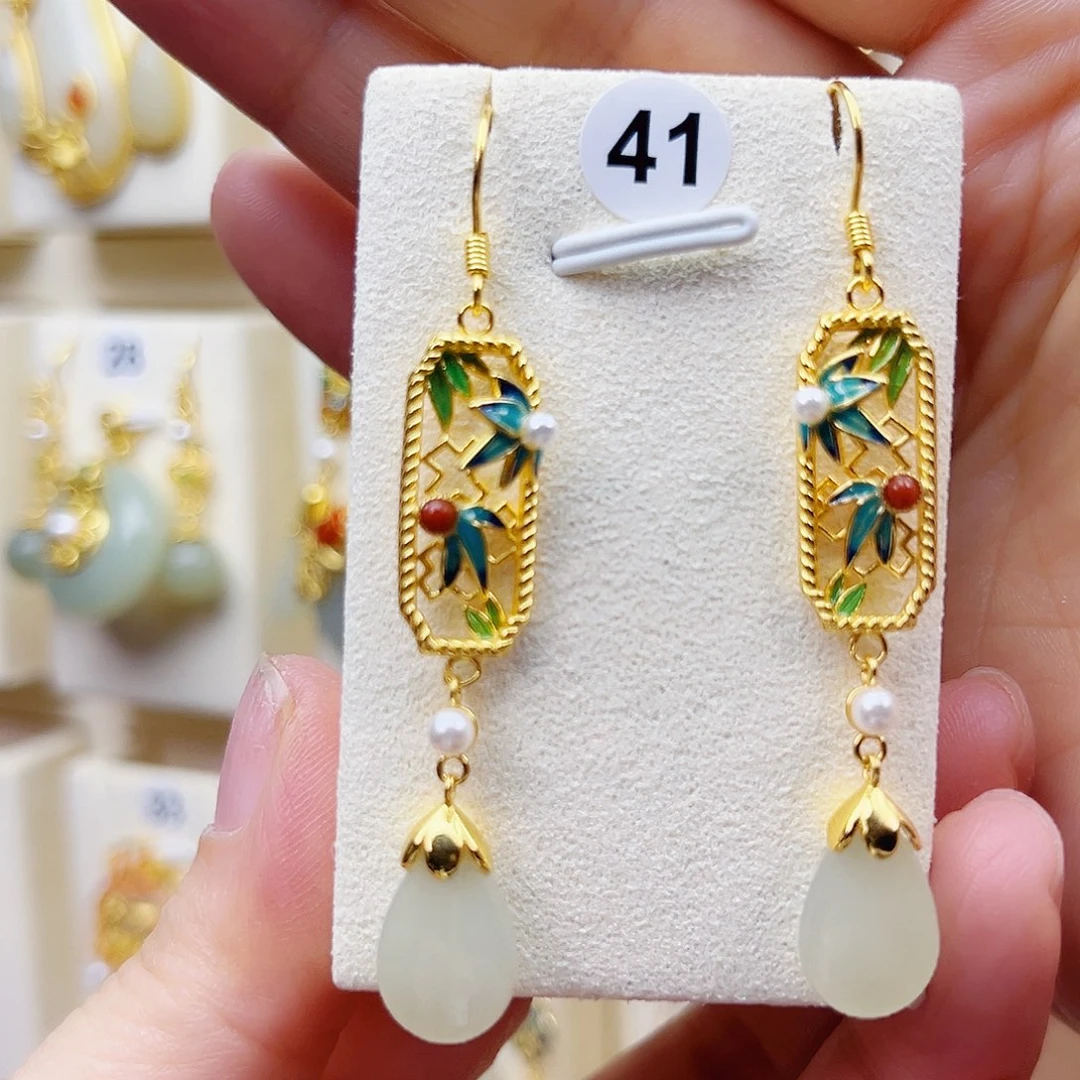 和田玉银S925镀金镶嵌耳饰