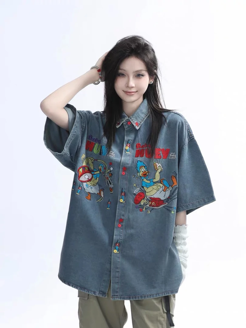 欢乐鸭牛仔衬衫时尚休闲衬衣夏季复古薄款宽松潮流韩版ol网红百搭