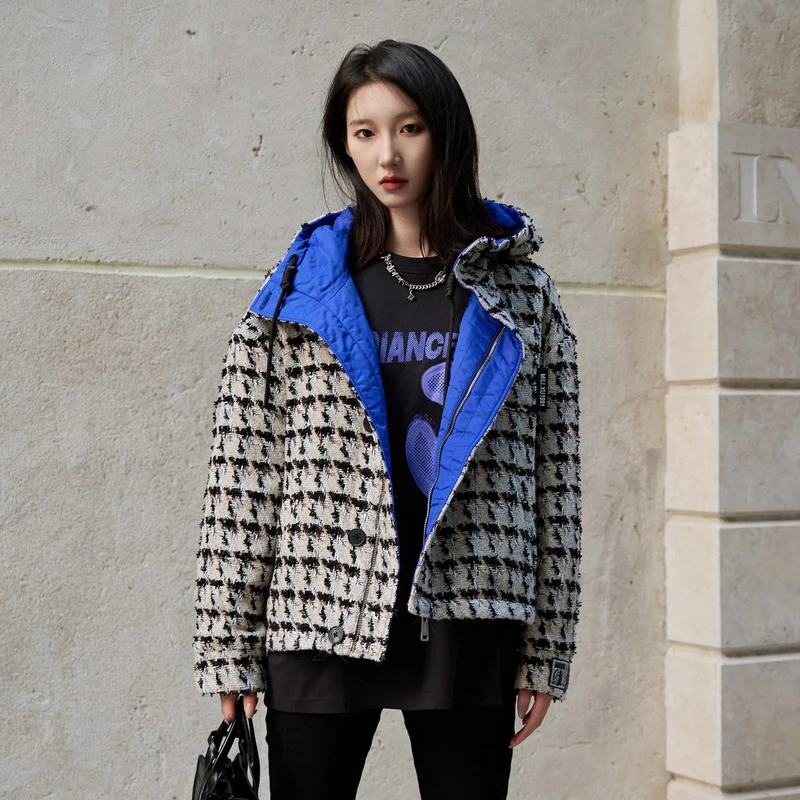 U/TI【MILIXU系列】双面穿粗花呢编制设计感千鸟格冬季连帽棉服外套