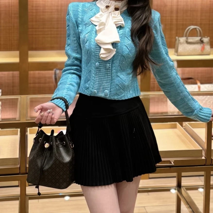 25秋冬季高端女装法式千金风立领荷叶边针织开衫毛衣外套AL8732