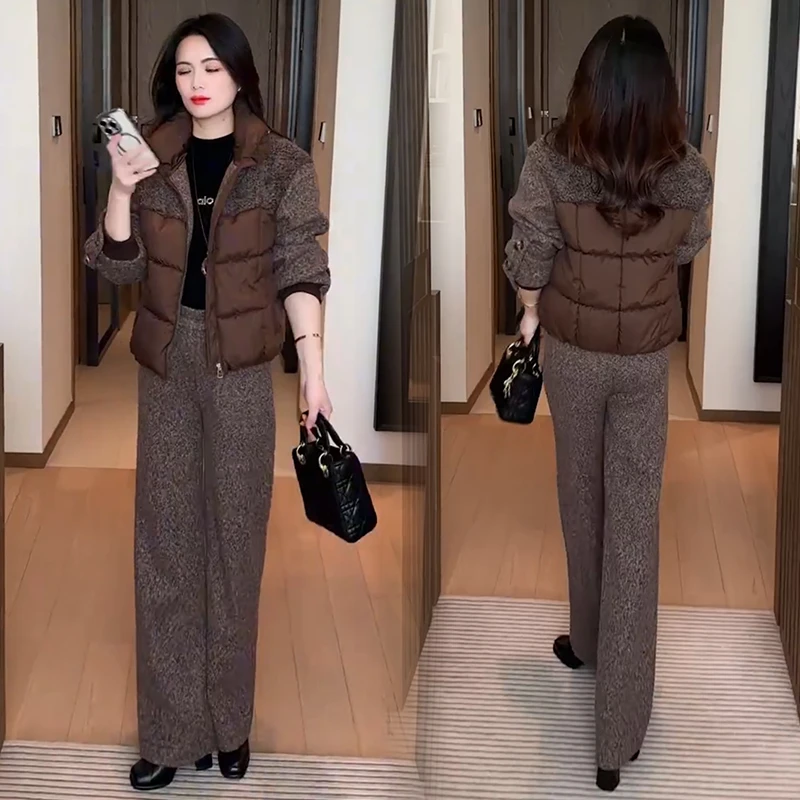 时尚套装女2025冬季新款洋气毛呢拼接棉服外套阔腿裤保暖两件套潮