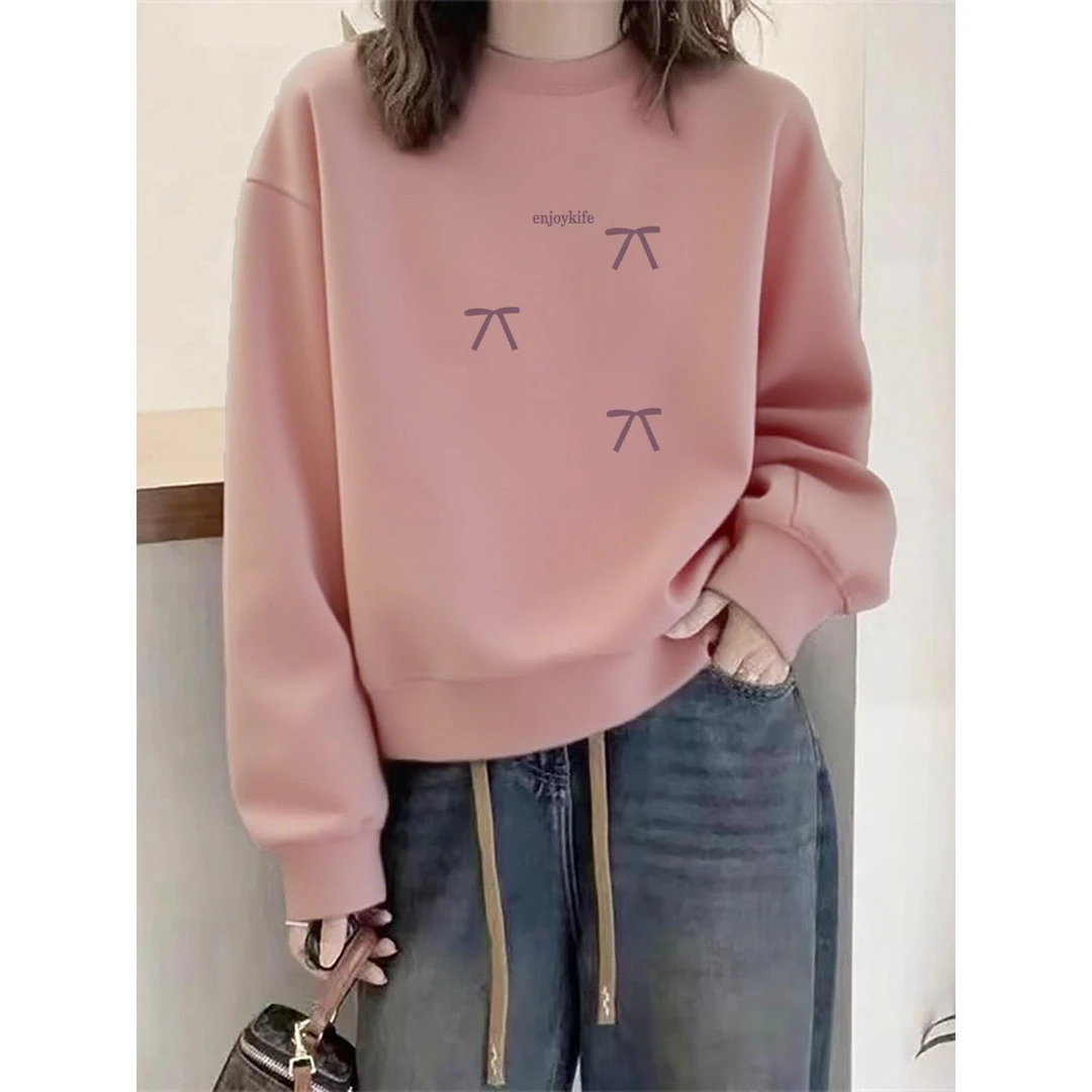 品牌撤柜粉色圆领卫衣女2025新款爆款春秋宽松加绒慵懒美式小个子