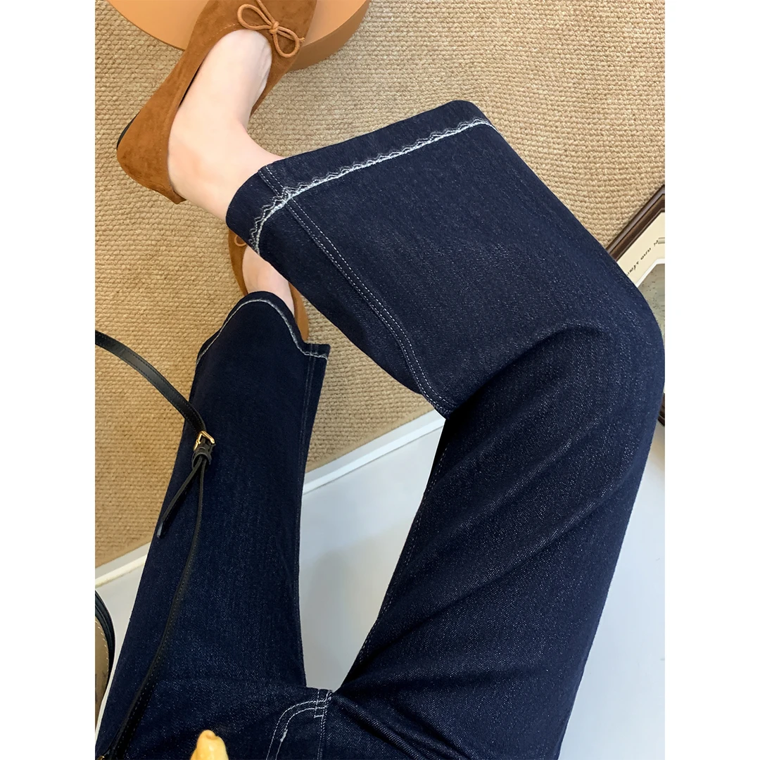 深蓝色花边九分阔腿牛仔裤女胖mm秋季新款梨形身材显瘦宽松直筒裤
